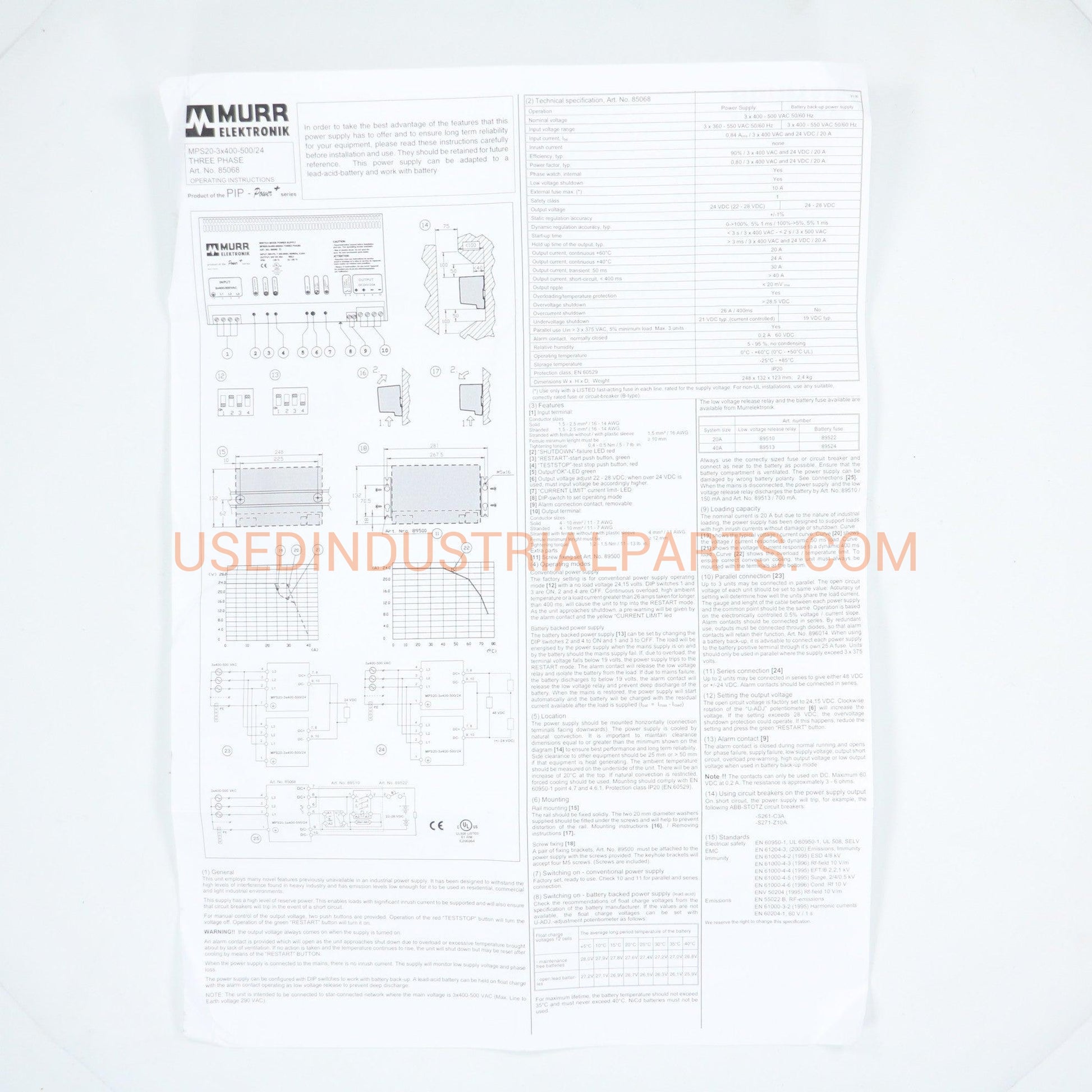 Murrelektronik MPS20-3x400/24 85067 Switch Mode Power Supply 3 Phase-Power Supply-AB-05-07-Used Industrial Parts