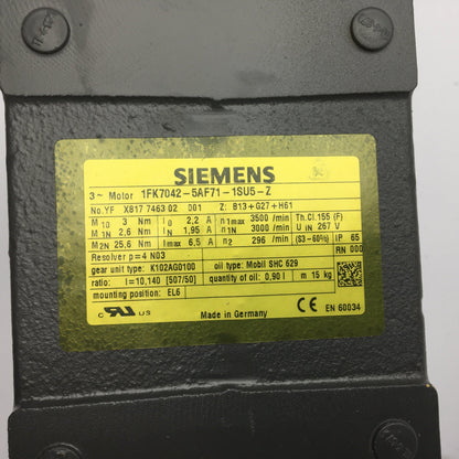 Siemens 1FK7042-5AF71-1SU5-Z Servo Motor 1FK70425AF711SU5Z-Electric Motors-Used Industrial Parts